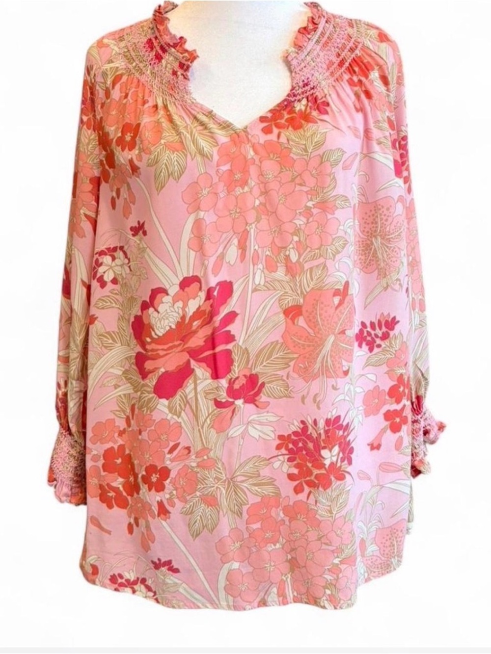 Talbots Pink Floral Smocked V-Neck Tunic Blouse